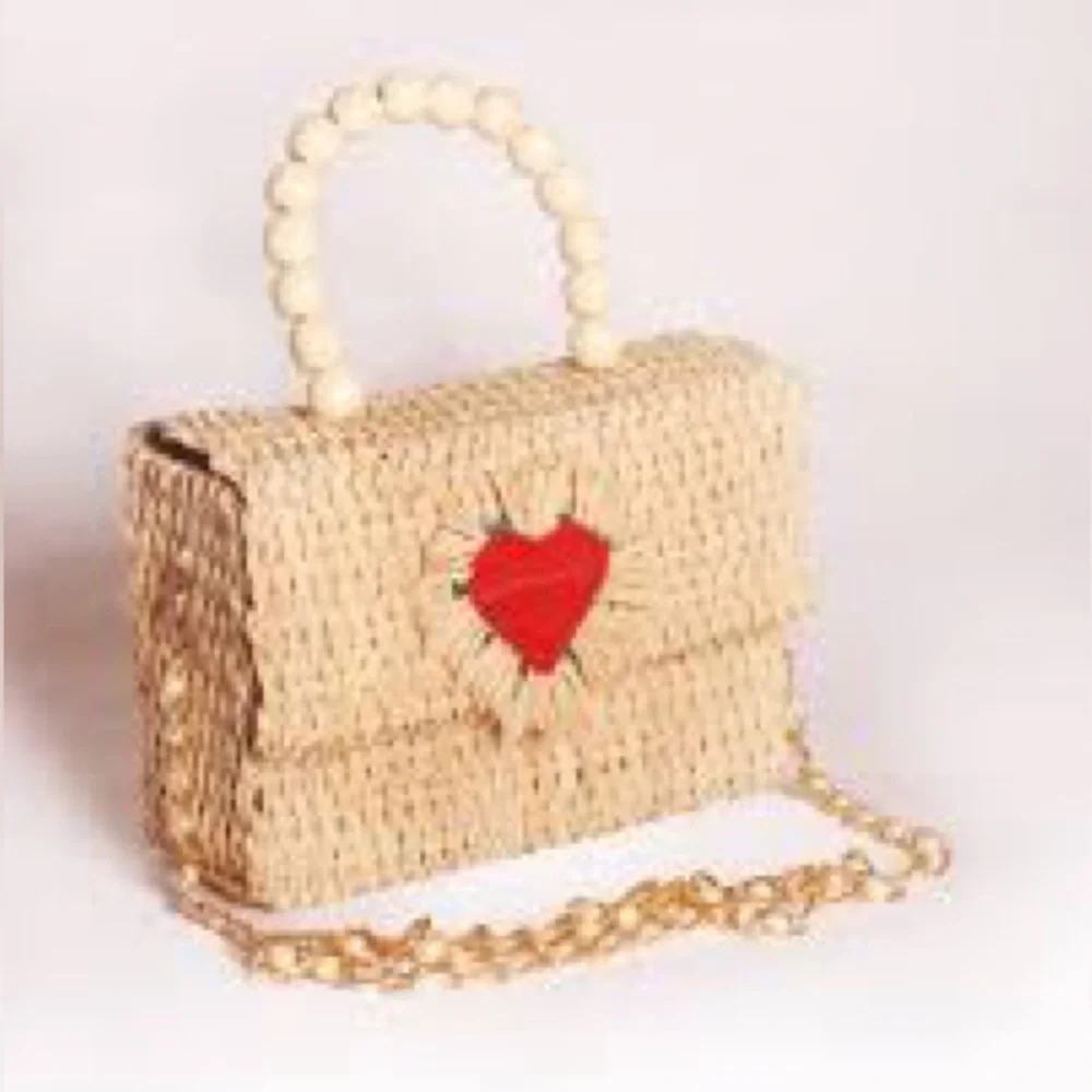 Handcrafted Tan Woven Bag with Heart Accent - Picture 1 of 4
